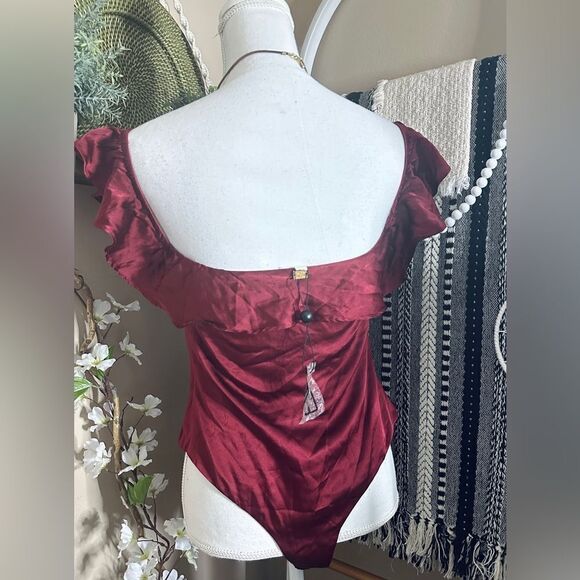 New with Tags For Love and Lemons Red/Burgundy Silk Blend Ruffle Virgo Bodysuit - Picture 7 of 12